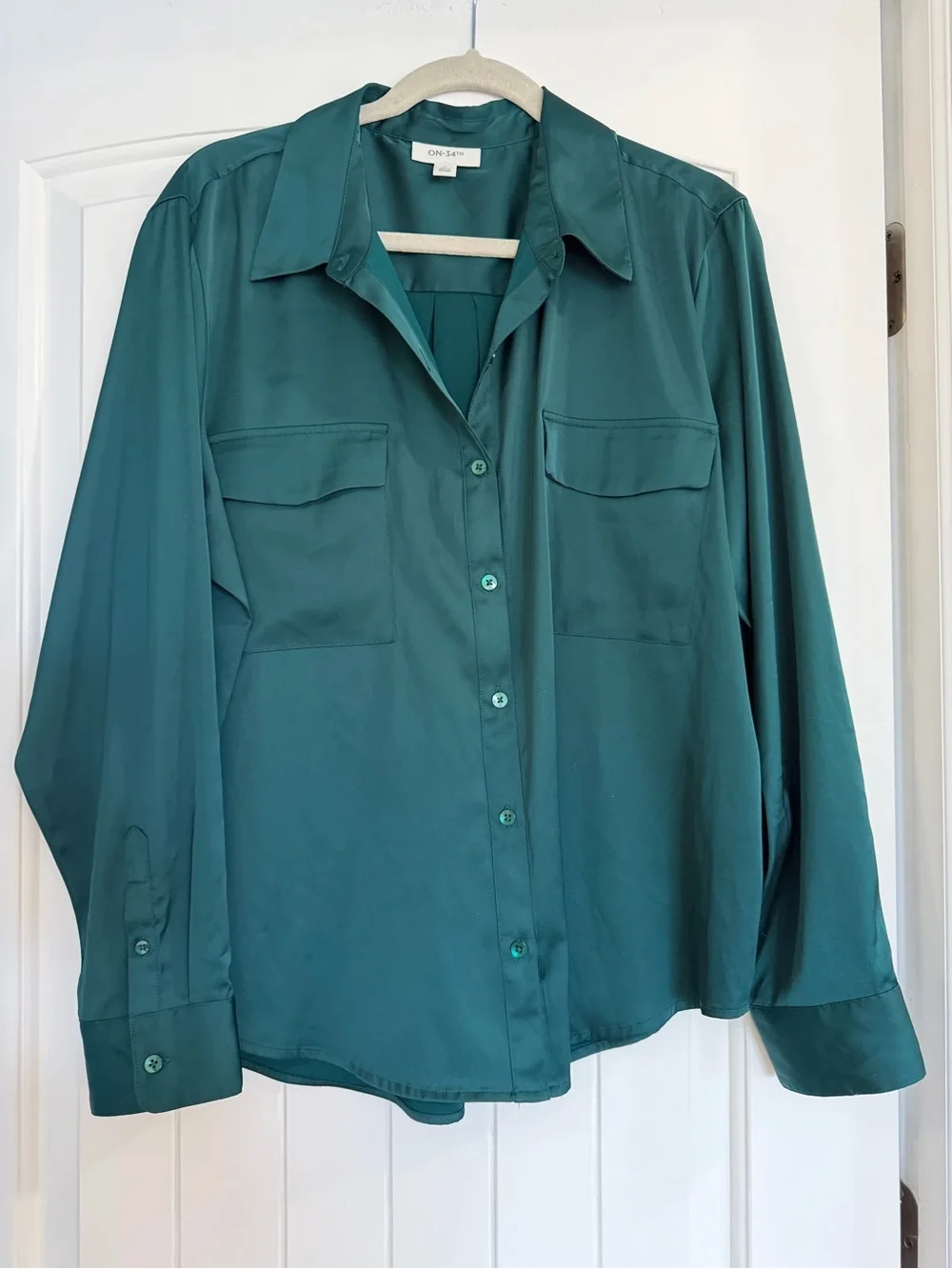 Emerald Green Silky Button-Front Blouse - Picture 1 of 8